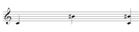 Melodic and Harmonic interval of an augmented 7th (C to B sharp) on the treble clef staff.