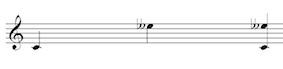 Melodic and Harmonic interval of a compound diminished 3rd (C to E double flat) on the treble clef staff.