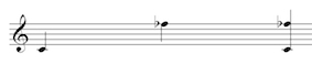 Melodic and Harmonic interval of a compound diminished 4th (C to F flat) on the treble clef staff.