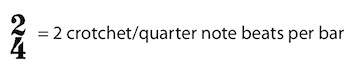 2/4 = 2 crotchets/quarter notes per bar