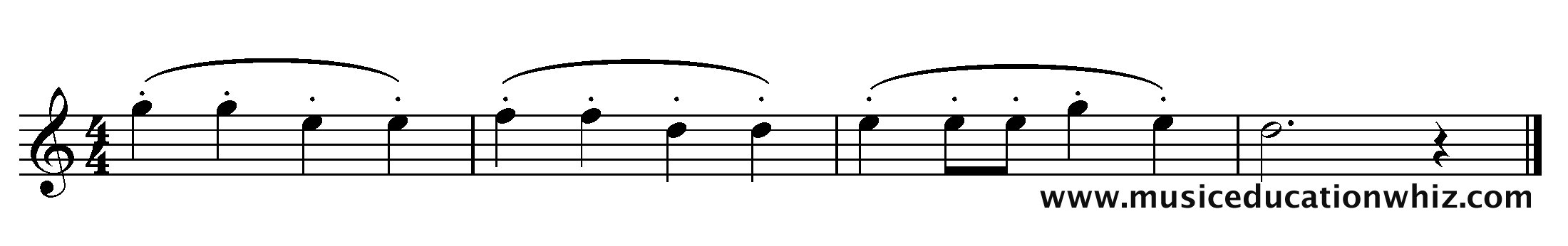 The music for 'Mary Mary Quite Contrary' with mezzo staccato markings (dots).