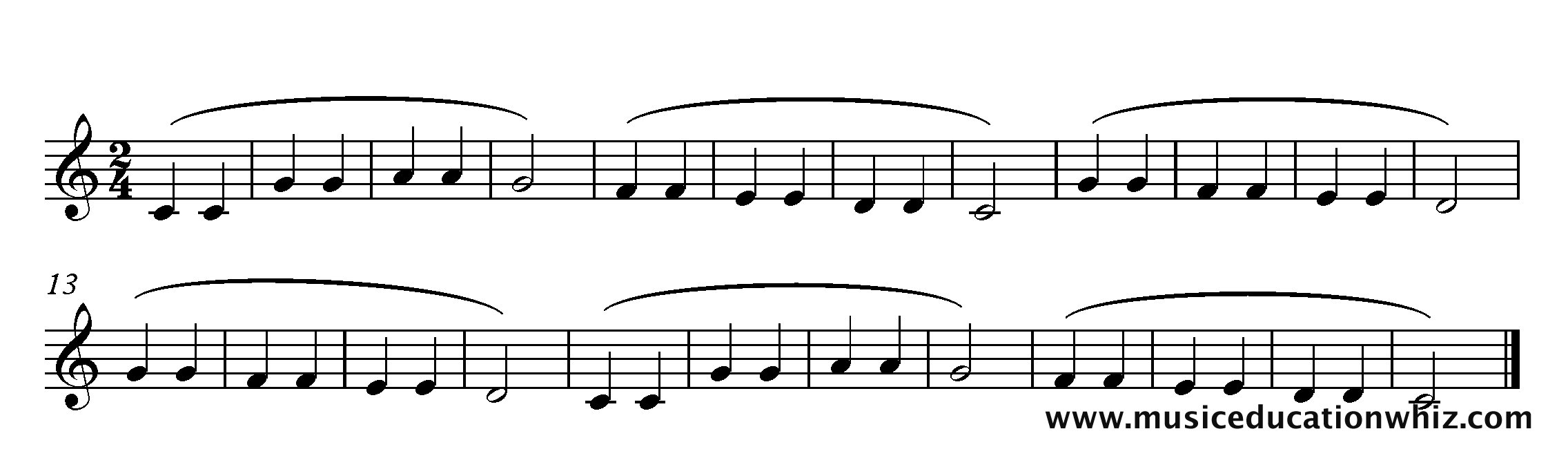 The music for 'Twinkle Twinkle Little Star' with phrase marks