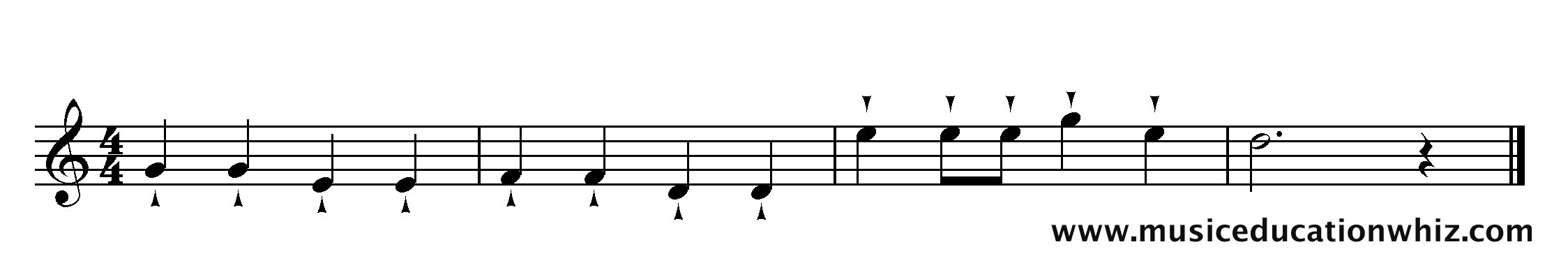 The music for 'Mary Mary Quite Contrary' with staccatissimo markings.
