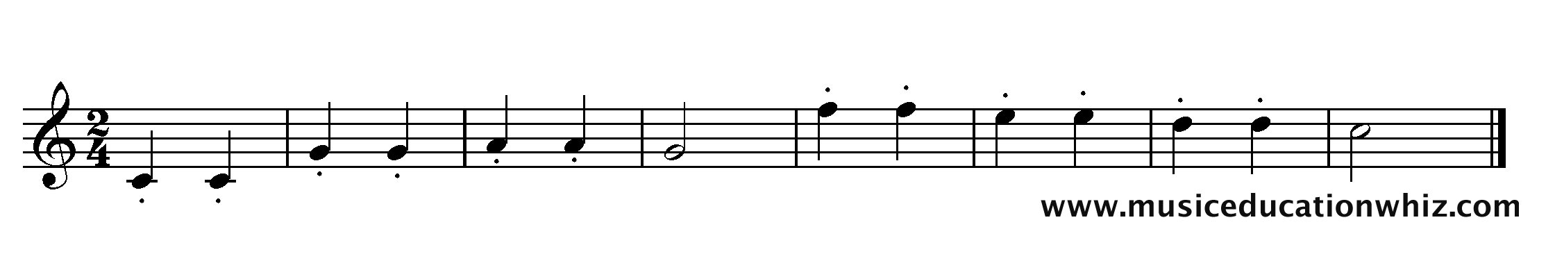 The music for 'Twinkle Twinkle Little Star' with staccato markings.