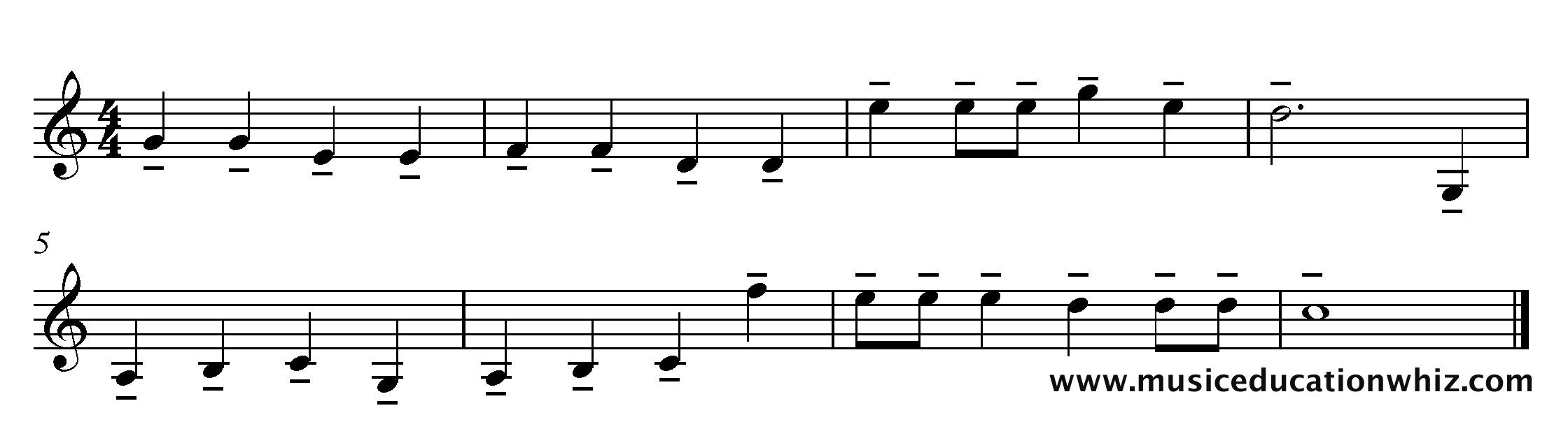 The music for 'Mary Mary Quite Contrary' with tenuto markings.