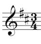 Treble clef, D major key signature, 3/4 time signature