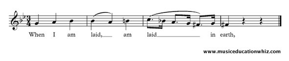 The music for Purcell's 'When I am laid in earth' to show vocal slurring.