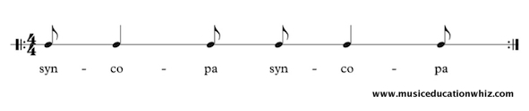 syncopa underneath quaver/eighth note, crotchet/quarter note, quaver/eighth note, repeated.