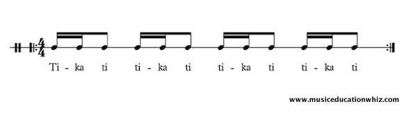 Tika ti underneath two semiquavers/sixteenth notes and a quaver/eighth note, repeated four times.