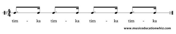 tim ka underneath dotted quaver/eighth note and semiquaver/sixteenth note, repeated four times.
